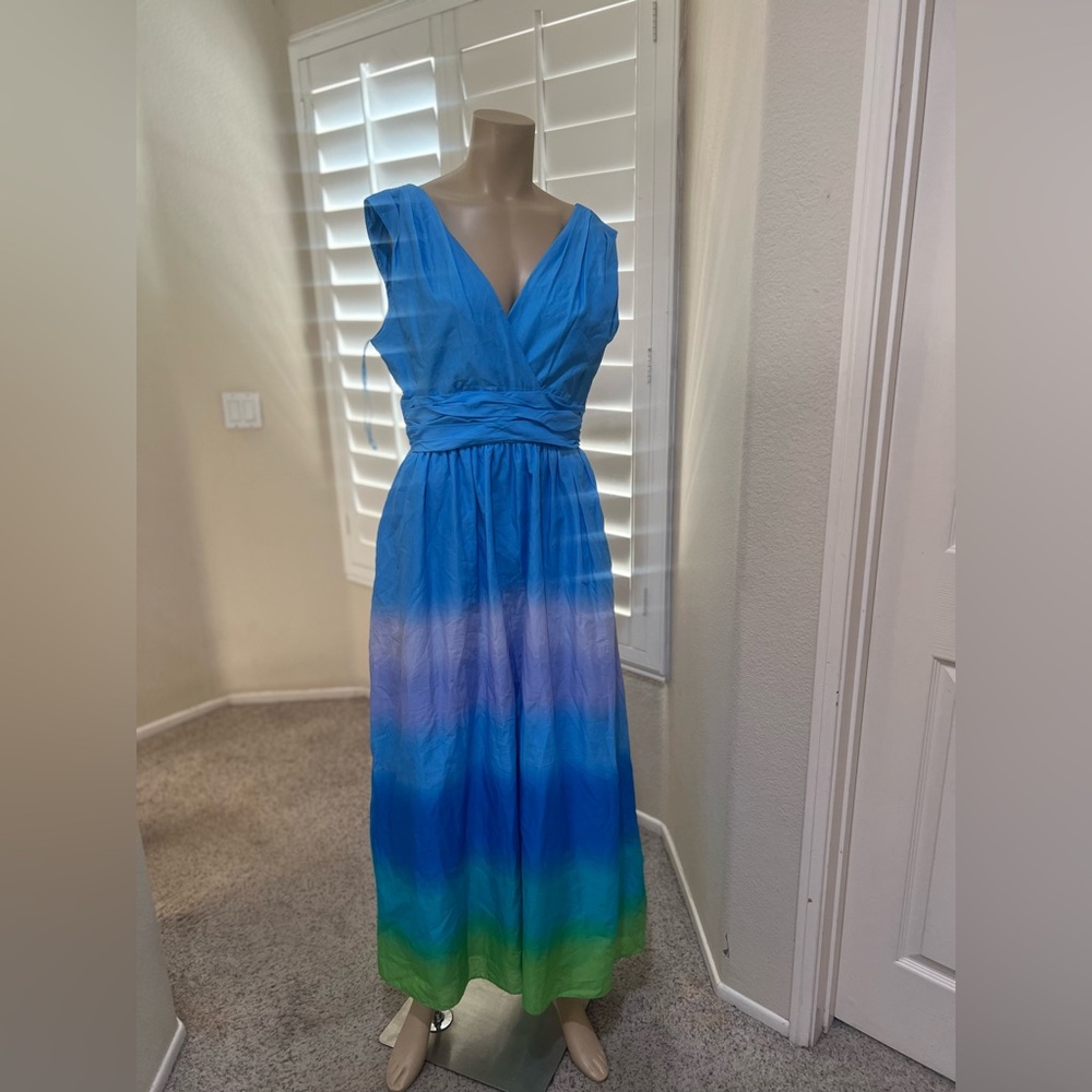 Taylor Ombre Tie Dye Rainbow Maxi Dress Size Large w Pockets Sleeveless Lined